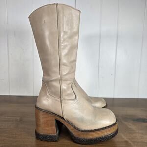 London Underground Leather Boots Cognac Womens Size 9 Platform Chunky Block Heel